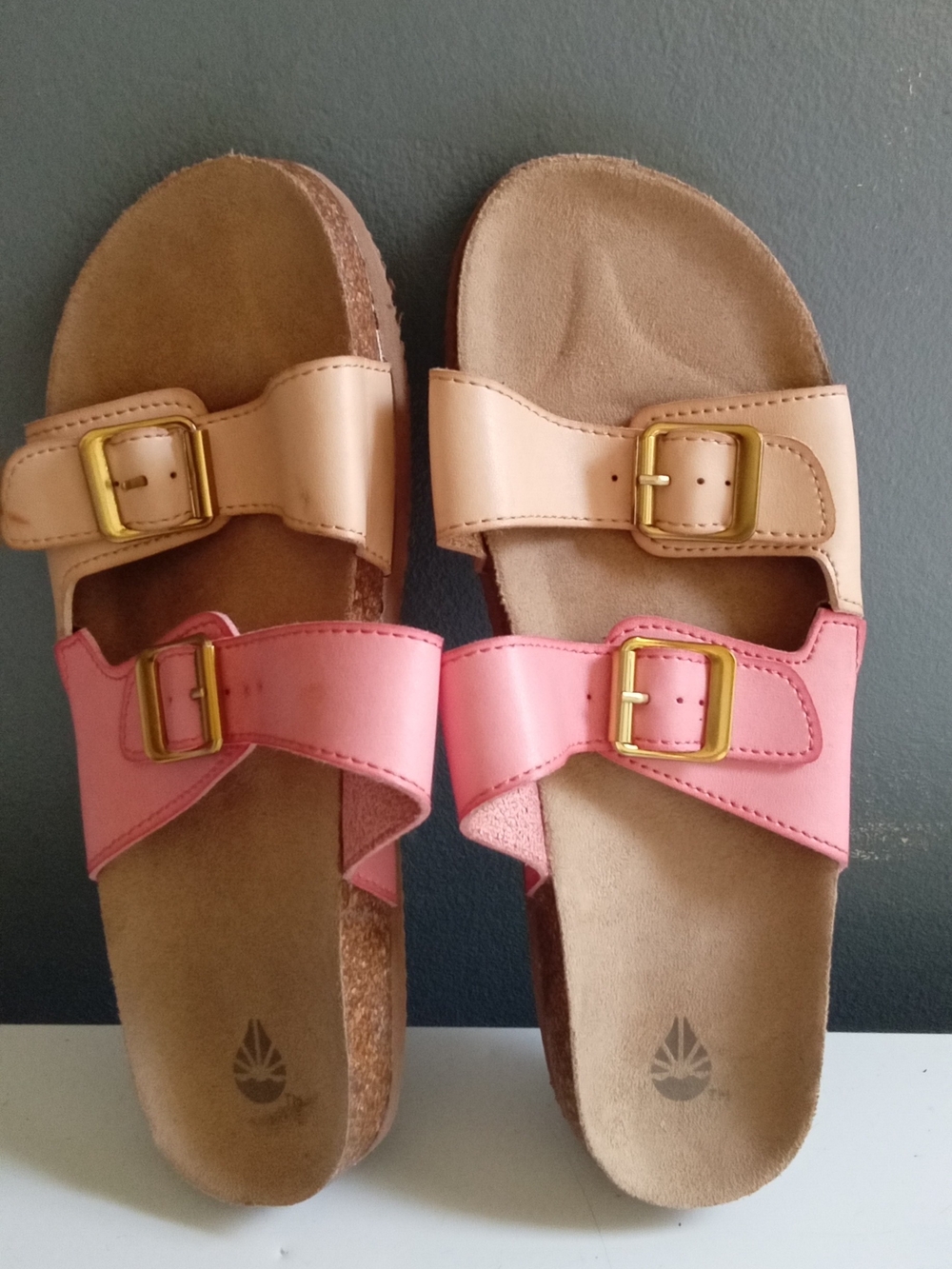 Two Tone Pink Peach Double Buckle Slide Sandals Cork Footbed Casual Summer Shoes - Picture 3 of 4